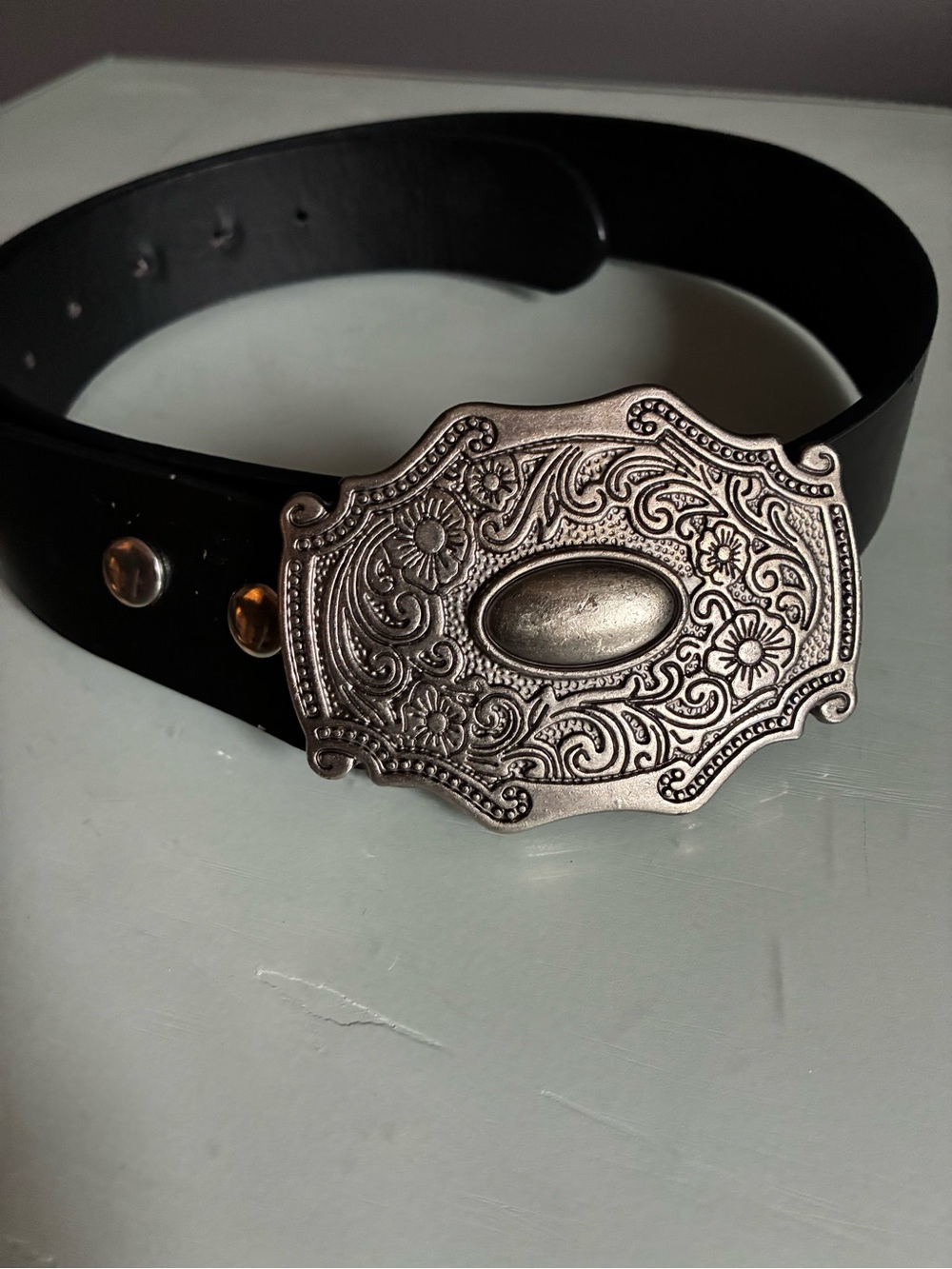 Black Leather Belt with Ornate Silver Buckle - Picture 2 of 7